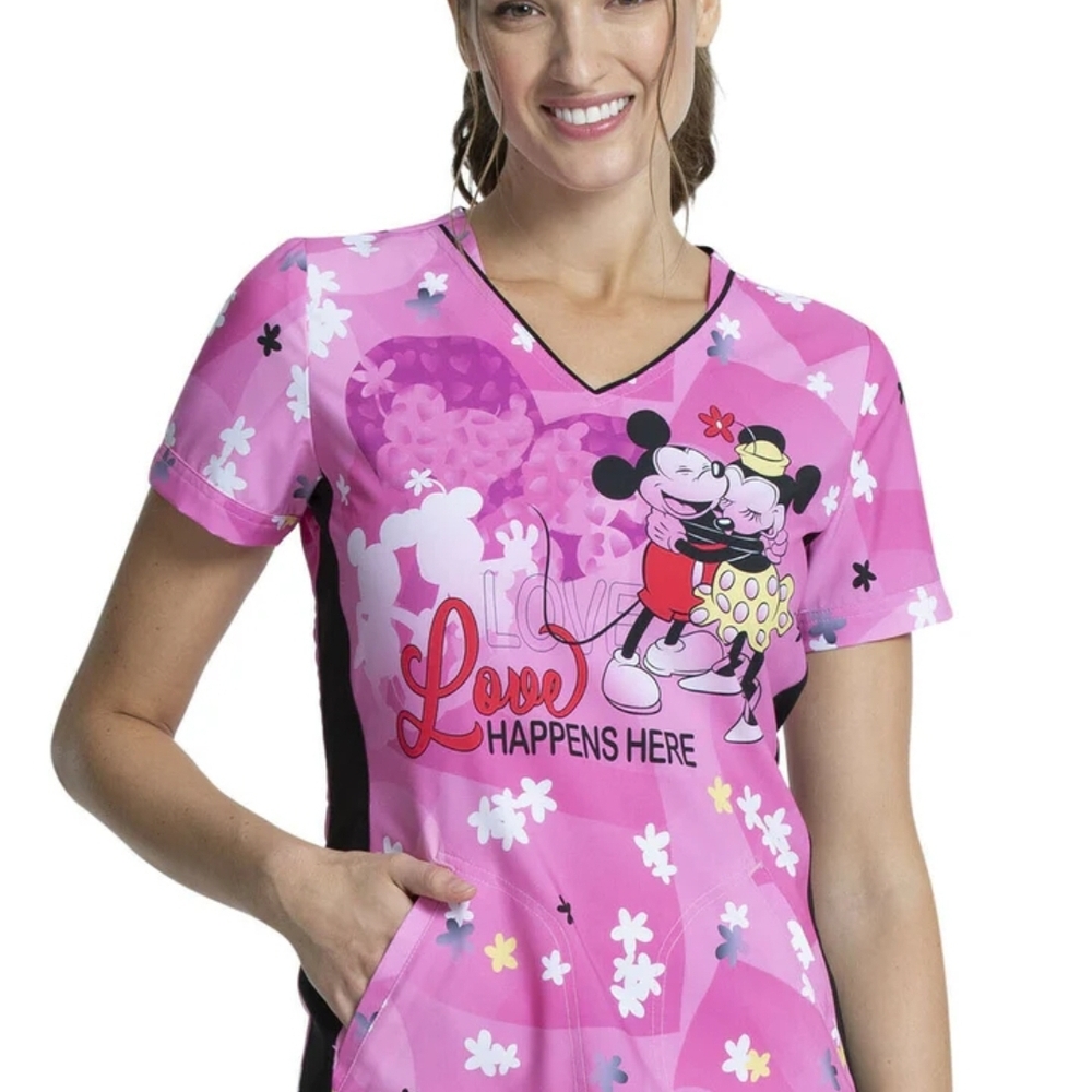 Pink Disney Scrub Top with Mickey and Minnie